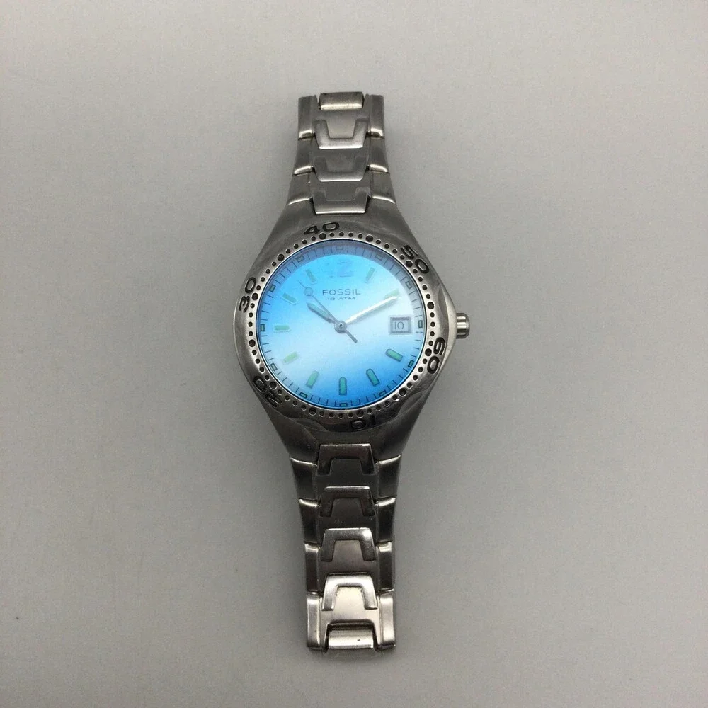 Fossil AM-3528 Womens Watch 29mm Blue Dial Date Stainless New Battery 6.5